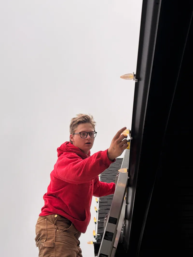 Royal crew member in a red hoodie clipping C9 bulbs to a gutter